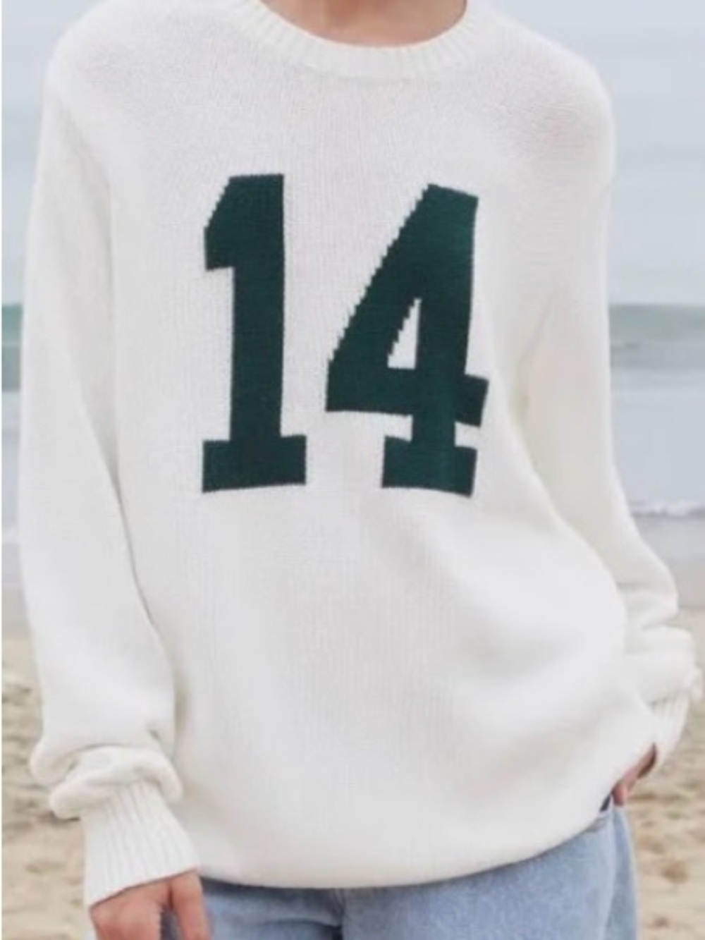 PacSun Cream Knit Crewneck Sweater with Dark Green "14" Graphic